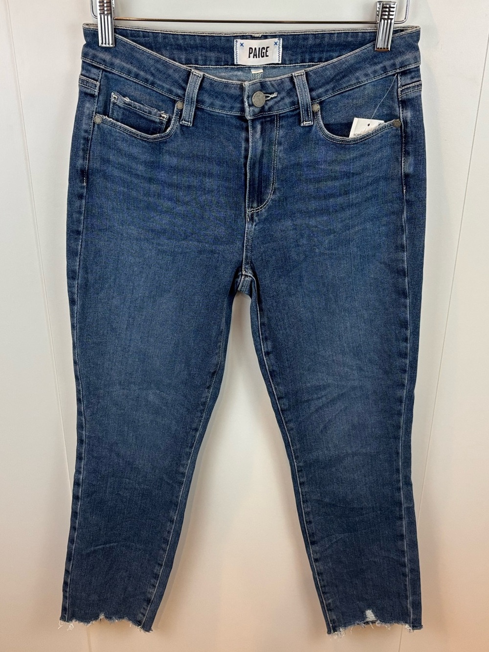 NWT PAIGE Kylie Crop Lariza Raw Hem Ankle Jeans Medium Wash Denim sz 28 Stretch